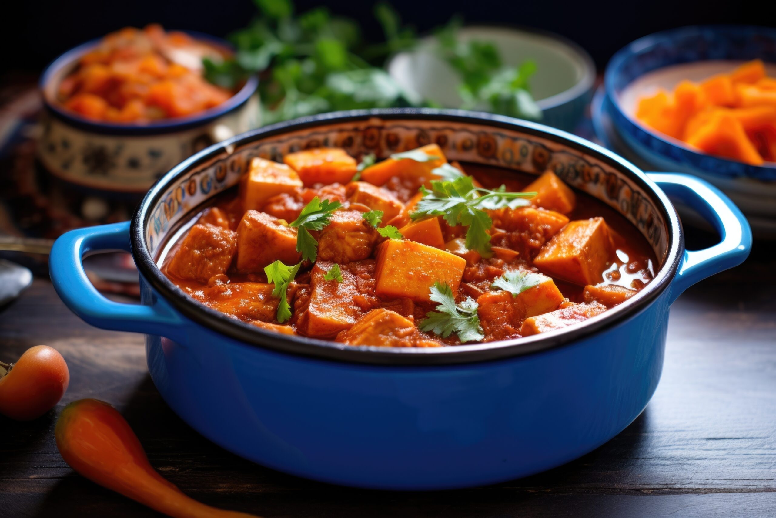 Vegan Sweet Carrot Stew in a Blue Bowl